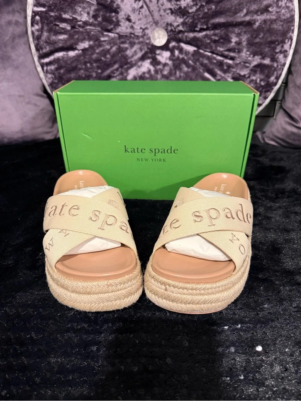 Kate Spade Cream Cross-Strap Espadrille Platform Slide Sandals Size 7.5